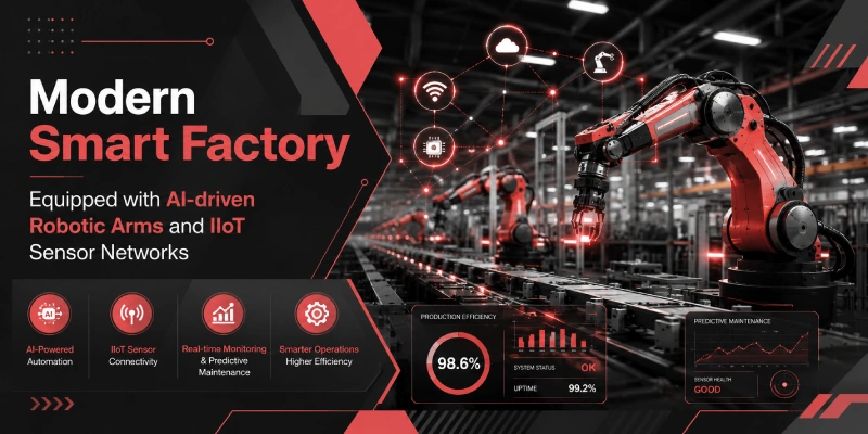 Industrial robot arm on a modern factory floor with sensors and automated systems